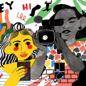 Mural of kids filming