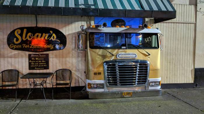 Sloans truck sticking out of the wall at Sloan's